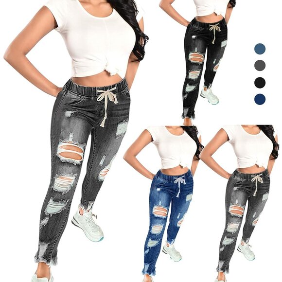 Women High Waist Skinny Ripped Denim Jeans Plus Size Durable Stretch - Picture 4 of 4